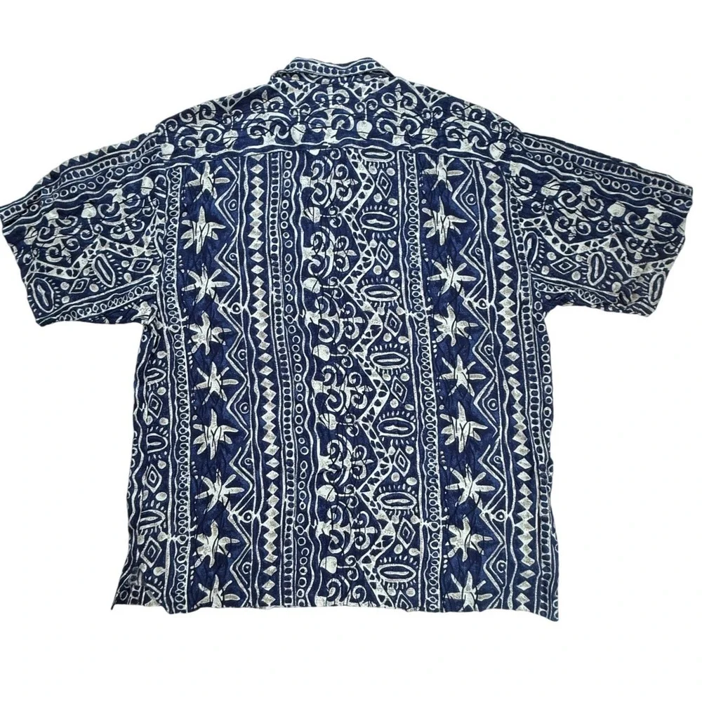 Linguine and‎ Bob Mens Large Rayon Button Down Shirt Navy Tribal Geometric Print